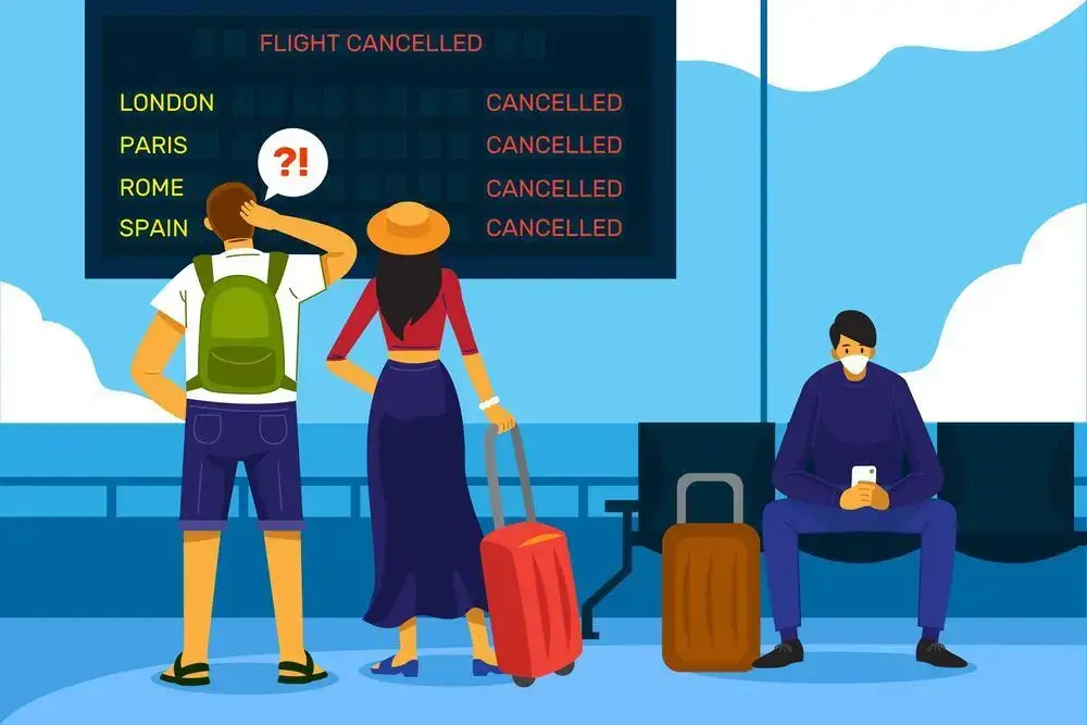Traveler looking concerned while on the phone about a flight cancellation